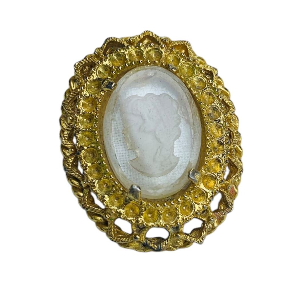 Salvage Clear Acrylic Cameo Goldtone Jewelry Piece Crafting